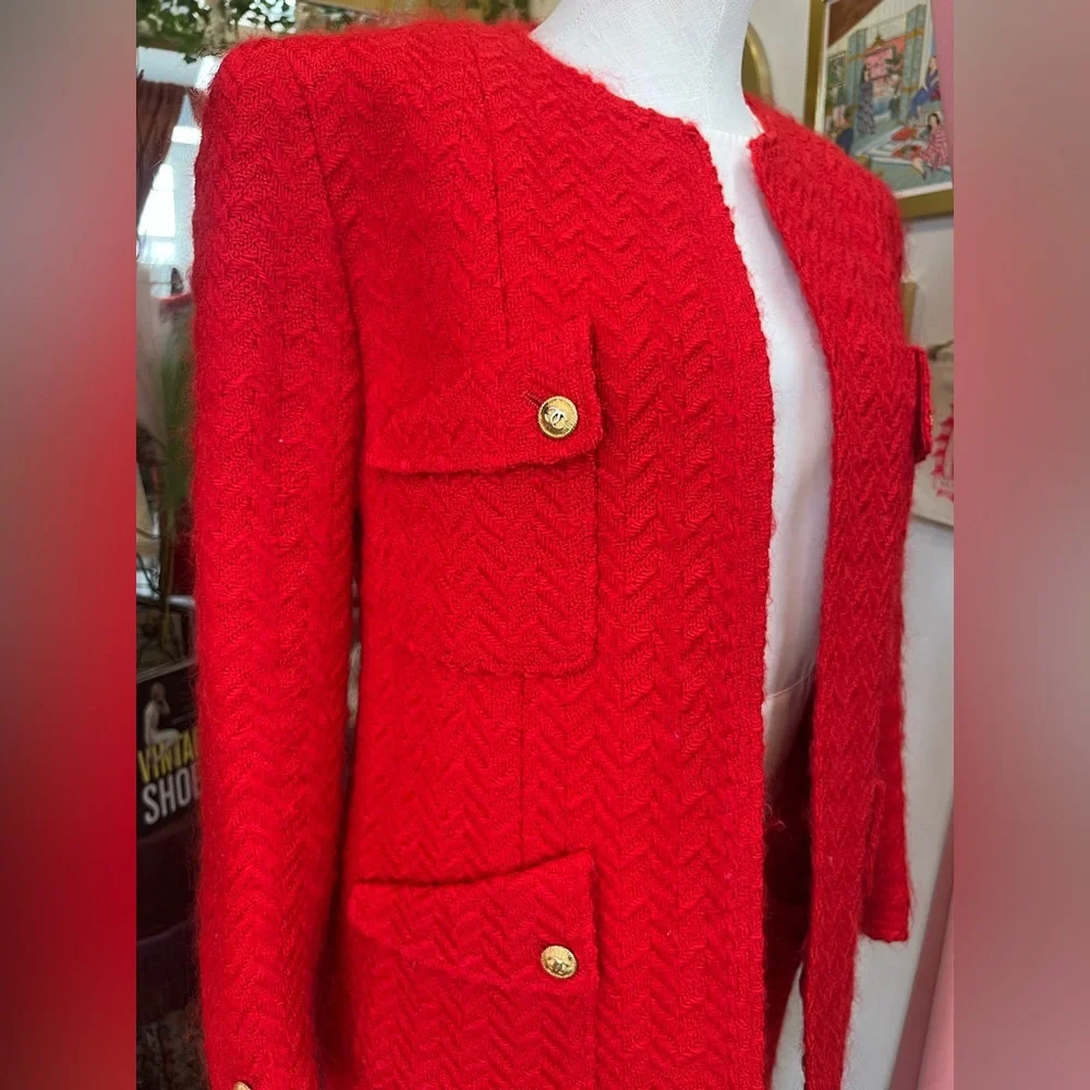 Vintage Chanel Boutique Red Herringbone Wool Suit Jacket and Skirt Set / Size 40